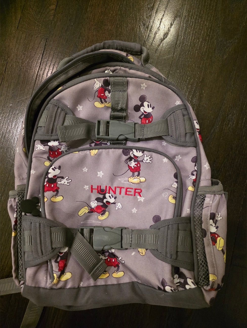 Poterry Barn "Hunter" Custom Gray Mickey Mouse Kids Backpack with Red Logo